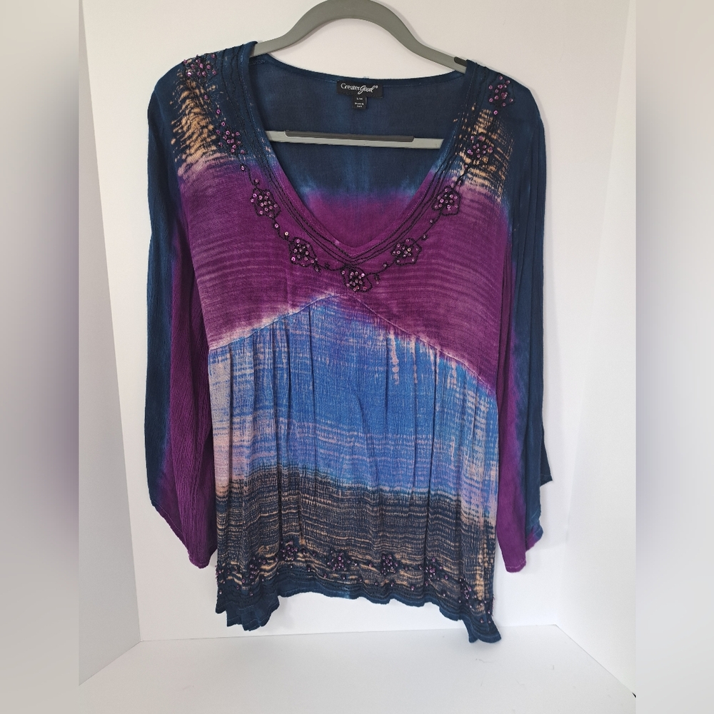 Greater Good S/M Purple Blue Tie Dye Tunic Top Sequin Boho Hippie Gypsy Artsy